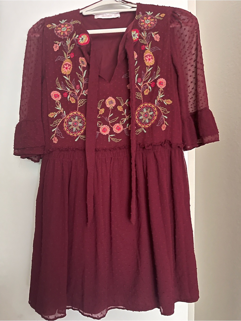 Burgundy Embroidered Boho Dress from Zara